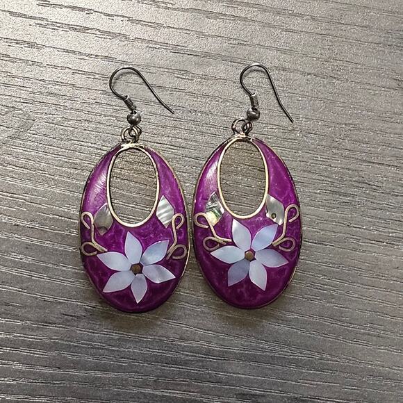 Vintage Alpaca Silver Oval Dangle Earrings with Mother of Pearl Flowers